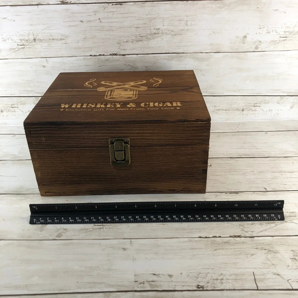 Whiskey and Cigar Gift Set Wood Box 2 Twisted Glasses Chilling Stones‎ Unused